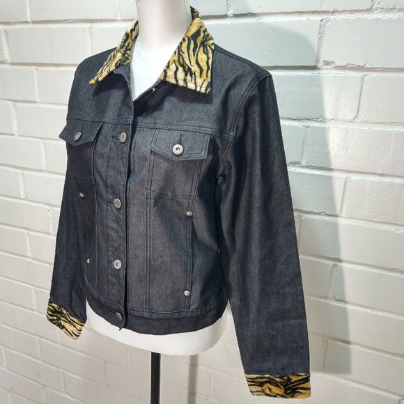 GUESS Black Denim Jacket Animal Print Trim Collared Womens Size M  CLEARANCE! - Picture 2 of 11